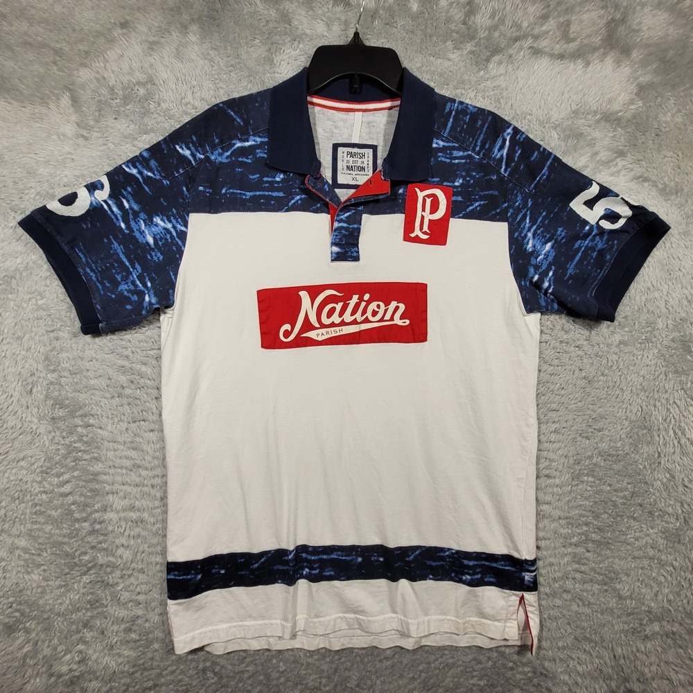 Parish Nation‎ Mens XL Polo Shirt Short Sleeve P Logo Nation White Blue
